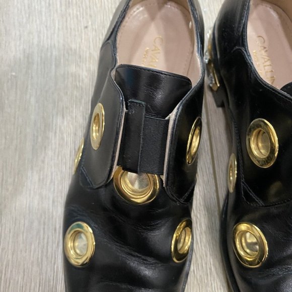 Cavallini Black Leather Studded Gold Heel Loafers Size 37 - Picture 9 of 12